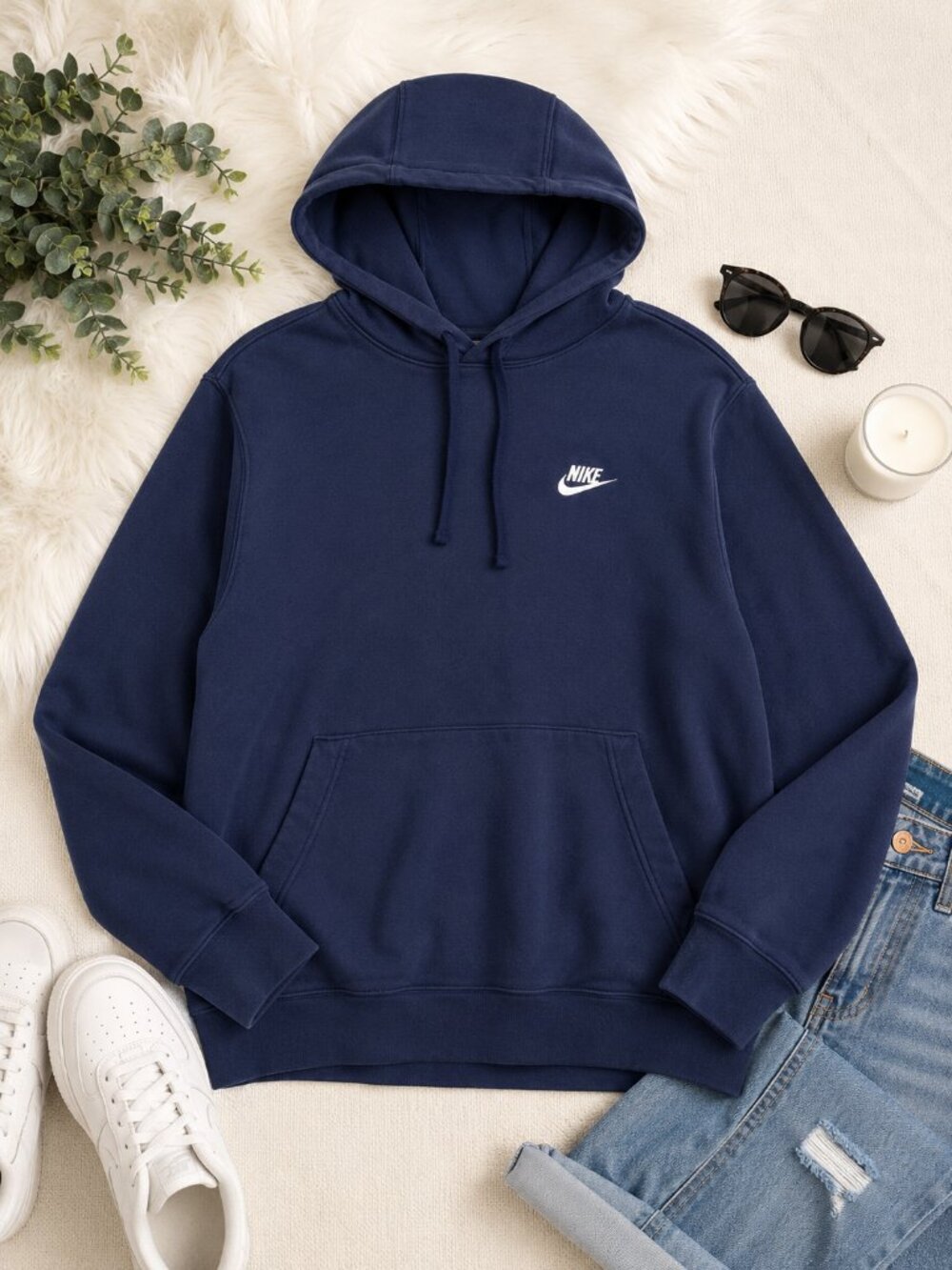 Nike Navy Pullover Hoodie Men's Large Embroidered Logo Fleece Sweatshirt